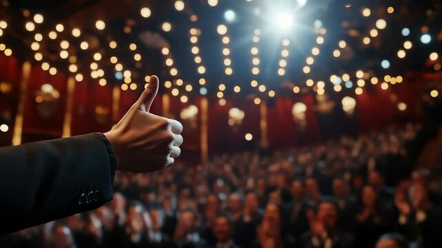 Audience cheers speaker gives thumbs up