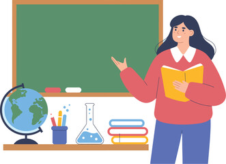 Adobe IlluA teacher holding a book standing in front of a blackboard with science and geography props on shelf


