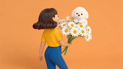 Cartoon girl with dog and daisy bouquet illustration for greeting card and digital art design project