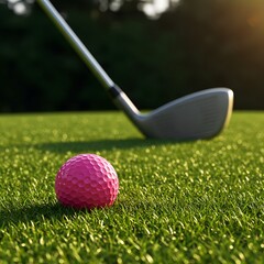 Golf Tournament Flyer Template a pink golf ball on green grass, with a golf club in the background, A pink golf ball on a green golf course with a golf club in the background, Women's golf poster, 
