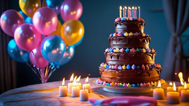 video cheerful birthday cake adorned with vibrant candles is presented on a plate, surrounded by balloons and cozy lighting, setting a joyful and festive mood for a special celebration