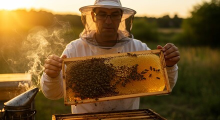 Beekeeper inspecting honeycomb frame at sunset