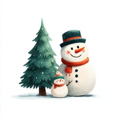 Snowman family standing beside a pine tree during winter, creating a cozy festive atmosphere ideal for holiday celebrations