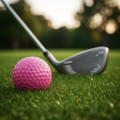 A pink golf ball on a green golf course with a golf club in the background,  Women's golf poster, golf club in the background, wallpaper, Golf Tournament Flyer Template a pink golf ball on green grass