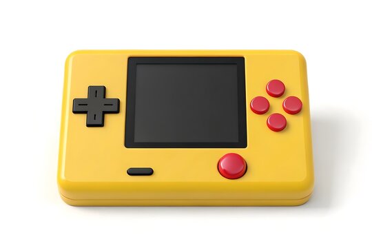 Yellow handheld gaming device with black screen and red buttons console