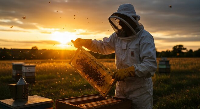Beekeeper inspecting honeycomb at sunset