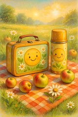 Cute lunchbox and thermos with smiling sun and daisies on picnic blanket with apples