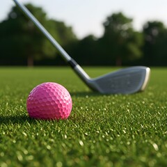 A pink golf ball on a green golf course with a golf club in the background,  Women's golf poster, golf club in the background, wallpaper, Golf Tournament Flyer Template a pink golf ball on green grass