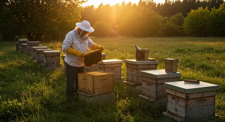 Beekeeper working among beehives at sunset
