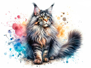Watercolor Maine Coon Cat Portrait