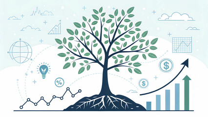Growth tree business investment financial success graph chart rising market economy concept illustration