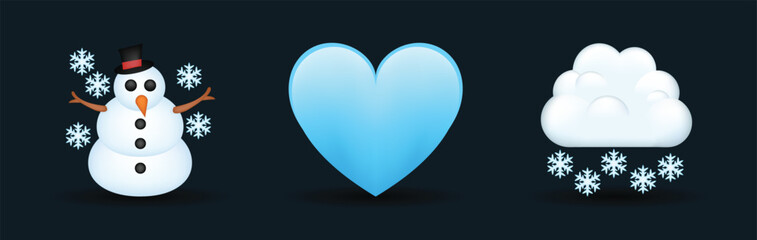 Blue color heart, snowman, snowy cloud vector emoji illustration