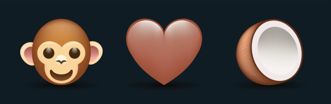 Brown color heart, monkey, coconut vector emoji illustration
