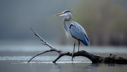Majestic Great Blue Heron: Bird Perched on Log in Misty Waters