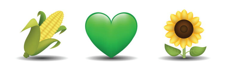 Green color heart, corn, sunflower vector emoji illustration