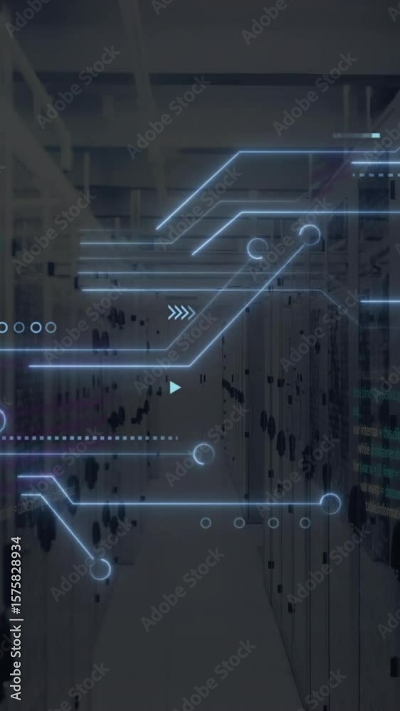 Poster animation of circuit board and digital data processing over computer servers
