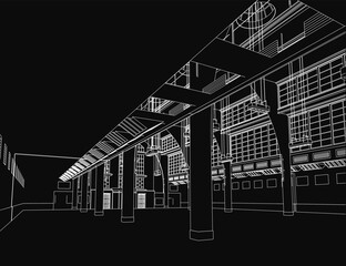 A grand building with towering pillars and symmetrical windows stands in stark contrast against a dark background. The black and white drawing highlights intricate architectural details and classical.