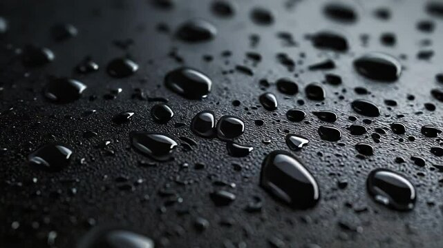 Rain is falling on a dark waterproof surface creating many drops