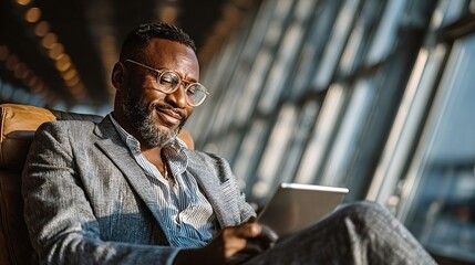 Smiling mature businessman wearing glasses using digital tablet while sitting in comfortable chair in modern airport lounge, waiting for his flight departure