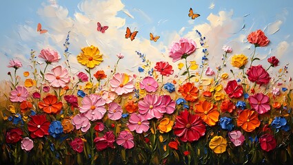 Impasto Meadow: A Riot of Colorful Blooms Under a Gentle Sky,Lush Floral Painting: Vibrant Blossoms Dancing in a Textured Canvas