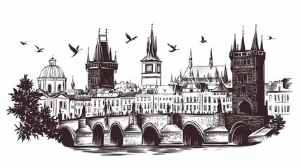 Fototapeta premium Cityscape sketch of a european city with a bridge.