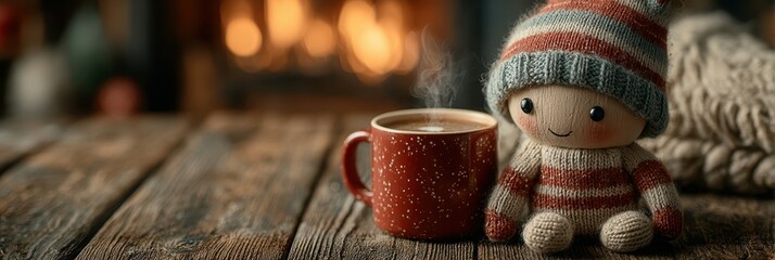 Cute toy doll in winter hat sits beside steaming mug on wooden table near cozy fireplace creating a warm atmosphere