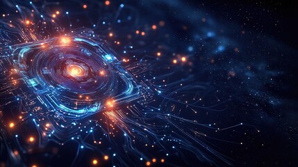 Tech Innovation Conference Background: Dynamic Luminous Particles Flowing from Central Chip to Metallic Typography in Blue-Purple Gradient
