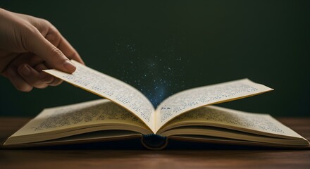 Hand Turning Page of Magical Glowing Book on Wooden Table