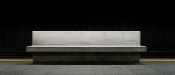 Concrete bench on empty metro platform evokes solitude