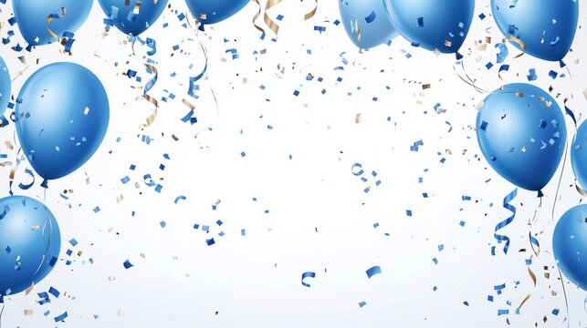 Blue birthday balloons with golden confetti and curling ribbons on white background, festive vector illustration for celebration, party invitation, greeting card, or event decoration design
- Powered by Adobe