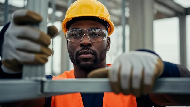 Professional construction worker wearing safety glasses and helmet carefully assembles metal scaffolding on a construction site, ensuring stability and safety for future work