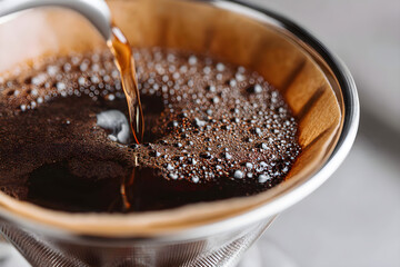 Freshly brewed coffee drips into a filter creating aromatic steam and rich color, a morning ritual for coffee enthusiasts