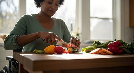 Woman in wheelchair chopping vegetables on kitchen counter at home  