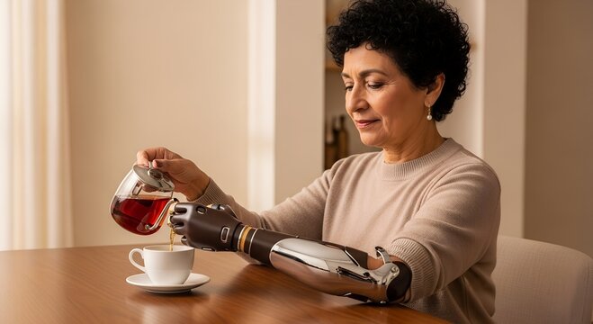 Older woman with prosthetic arm pouring tea into cup at home  