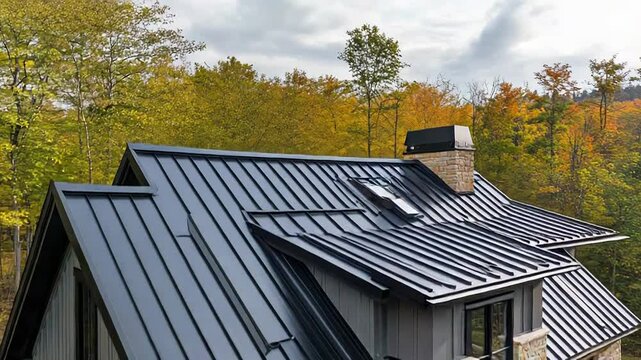 Modern house featuring a standing seam metal roof and skylights in autumn scenery