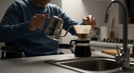 Man in wheelchair pour-over brewing coffee in modern kitchen  