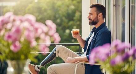 Man sitting on balcony with prosthetic leg enjoying drink in sunlight  