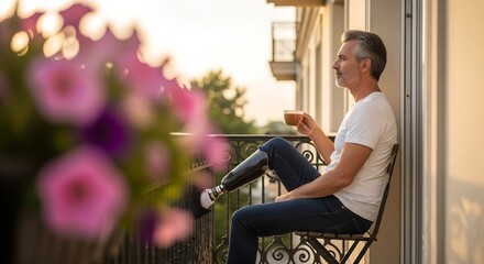 Elderly man with prosthetic leg relaxing on balcony with coffee  
