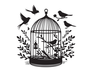 bird in a cage logo design silhouette vectors illustration, bird in a cage silhouette vector logo, silhouette birdcage vector logo, vintage black birdcage logo silhouettes vector on a white background