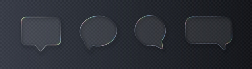 Set of realistic glossy glass speech bubbles in liquid glass style with refraction effect, isolated on dark background. Vector 3D illustration.