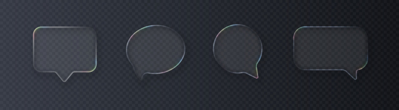 Set of realistic glossy glass speech bubbles in liquid glass style with refraction effect, isolated on dark background. Vector 3D illustration.