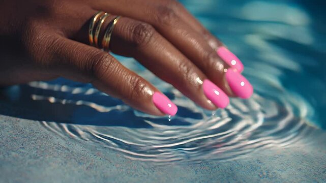 Elegant hand adorned with pink nail polish glistens above shimmering water at a sunlit poolside in a summer afternoon