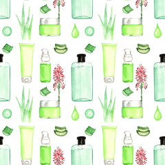 Seamless Aloe Vera Pattern – Natural Skincare Bottles, Creams, and Herbal Elements in Watercolor Style..