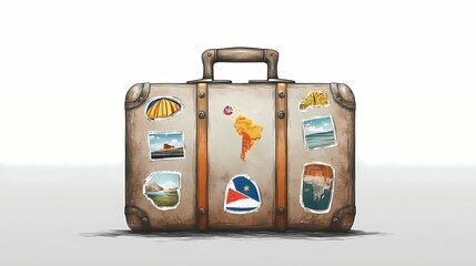 Vintage suitcase decorated with travel stickers.