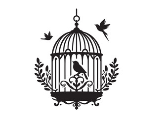 bird in a cage logo design silhouette vectors illustration, bird in a cage silhouette vector logo, silhouette birdcage vector logo, vintage black birdcage logo silhouettes vector on a white background