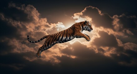 Majestic Tiger Leaping Through a Dramatic Stormy Sky