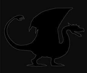 A black and white silhouette of a majestic dragon with spread wings and sharp claws stands boldly on a dark background. Its scales are outlined in white, and its glowing yellow eyes add intensity.