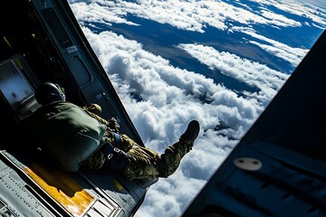 Parachutist preparing to jump from a large aircraft overlooking a vast cloudscape below