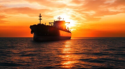 Fototapeta premium Silhouette ship at sunset