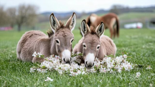 Two young donkeys are peacefully lounging on the grass surrounded by blooming flowers, embodying a serene and charming moment outdoors